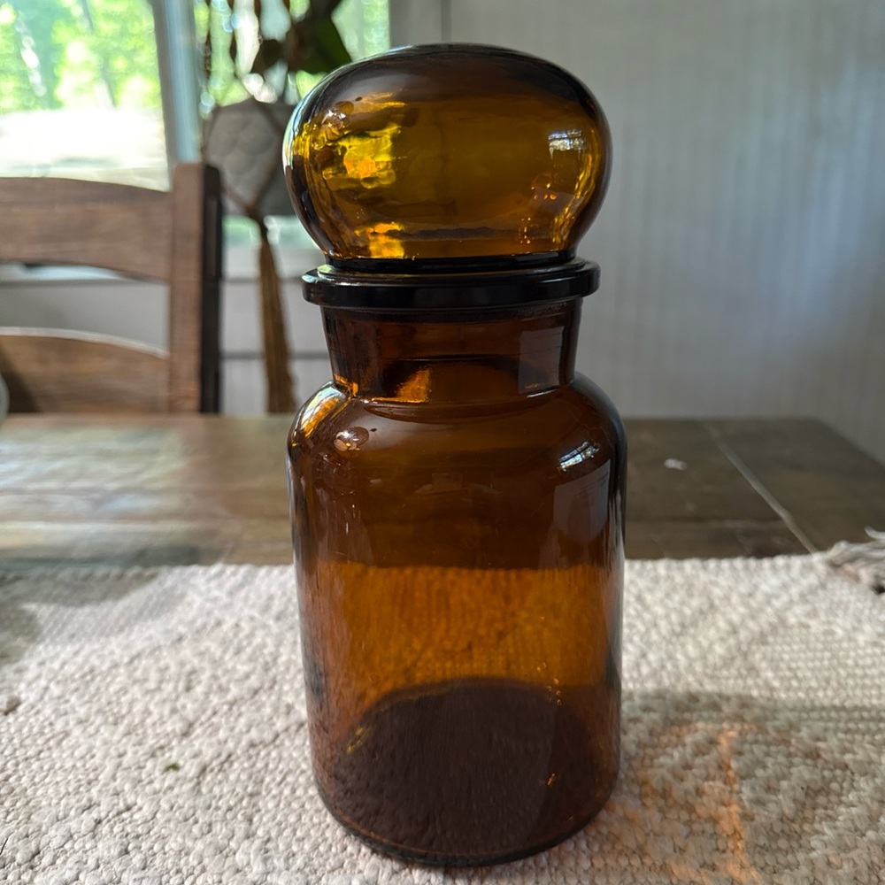 Vintage Amber Apothecary Glass Jar with Round Stopper Made in Begium